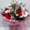 “Cinderella”, Bouquet of lovely pink lilies, amaranth flowers and green grass.