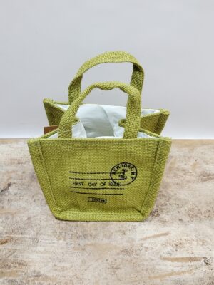 Olive colored burlap bag with lining for an indoor or outdoor plant, dimensions 21x10x9