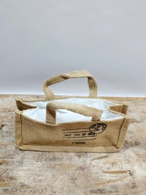 Long, narrow burlap bag in natural color, dimensions 17x17x14