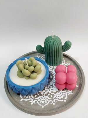 Set of wax tray and 3 wonderful wax cacti, 16 cm diameter