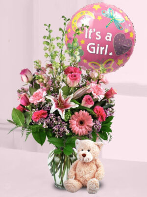 Εντυπωσιακό μπουκέτο με ποικιλία λουλουδιών σε χαρούμενα χρώματα,μπαλόνι και αρκούδο